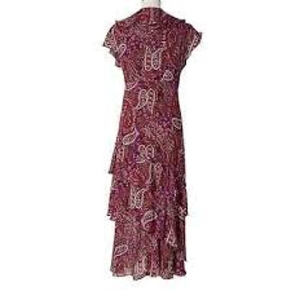 Sundance 100% Silk Maroon Paisley Ruffle Flutter Tier Maxi Dress Size 2 - Picture 2 of 7